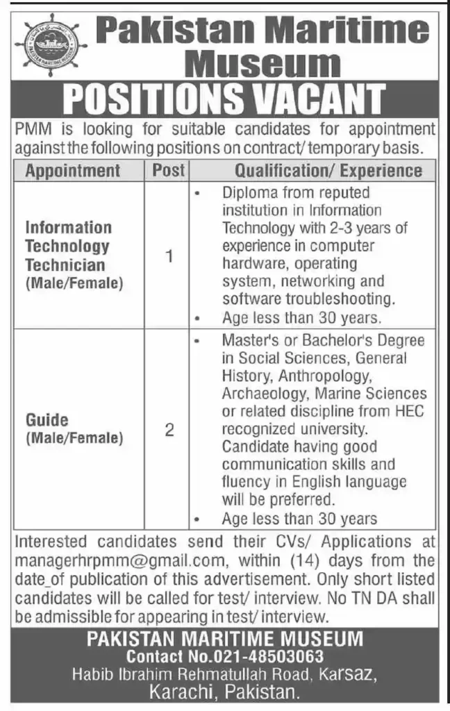 Job Openings at Pakistan Maritime Museum 2025