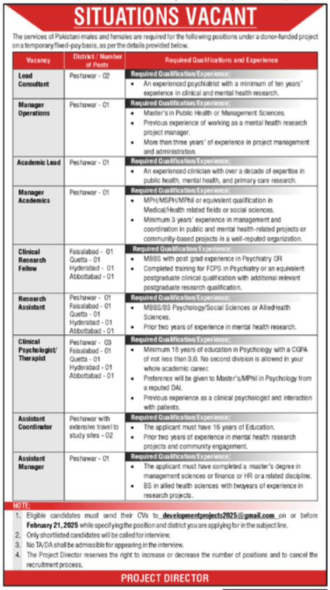 Job Opportunities in Donor-Funded Project Peshawar 2025