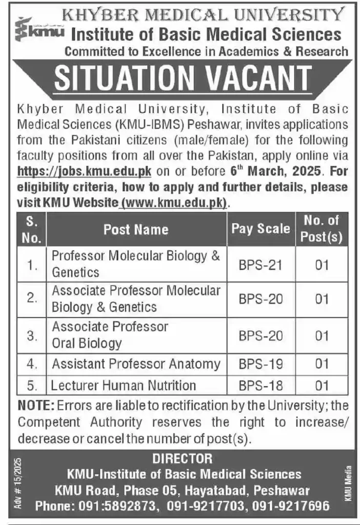 Latest Teaching Job Openings at Khyber Medical University Peshawar 2025