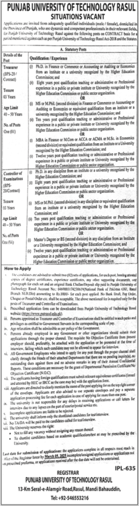 Punjab University of Technology Rasul Job Opportunities 2025