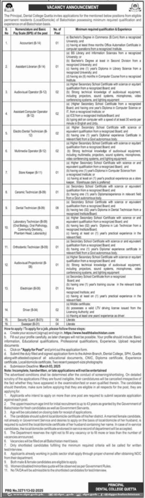 Assistant Librarian Job Opening at Dental College Quetta 2025