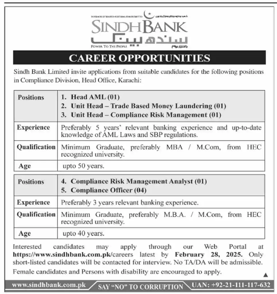 Sindh Bank Limited Job Opportunities 2025 for Head of AML