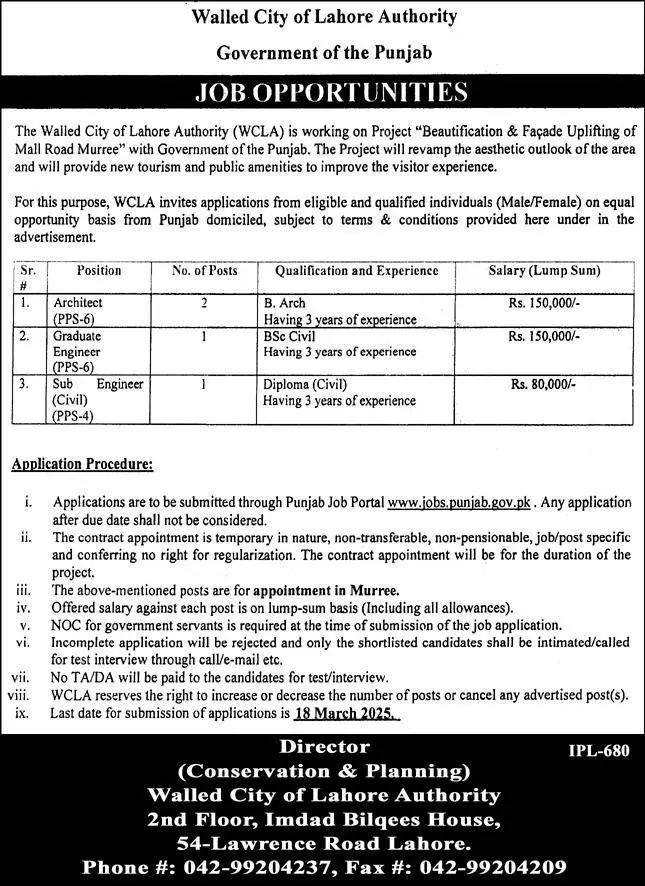 Walled City of Lahore Authority (WCLA) Jobs 2025