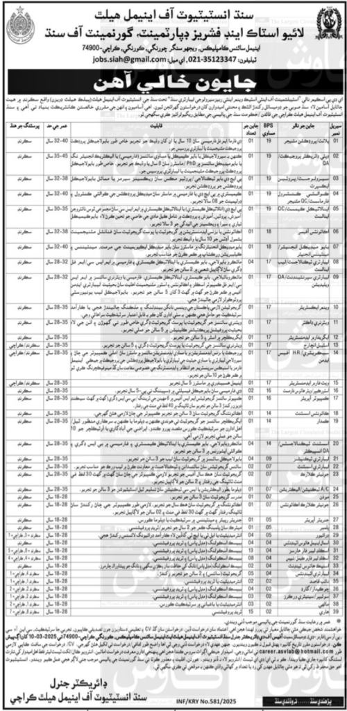 Sindh Institute of Animal Health (SIAH) Karachi Career Opportunities 2025