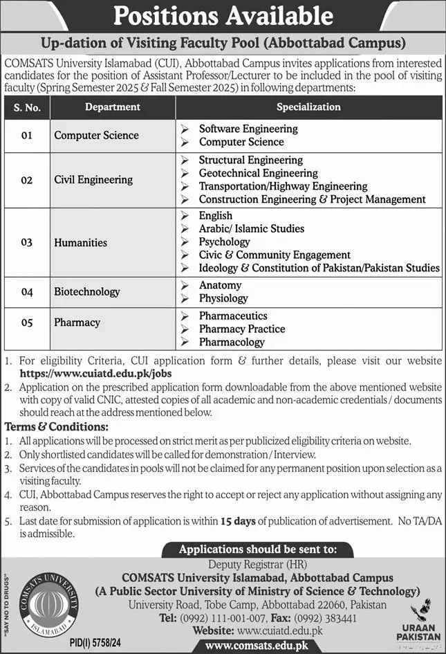 Job Opportunities at COMSATS University Islamabad, Abbottabad Campus 2025