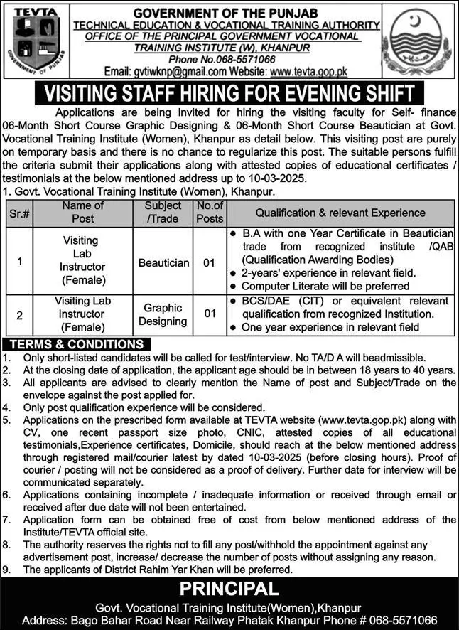 Latest Govt Vocational Training Institute TEVTA Khanpur Jobs 2025