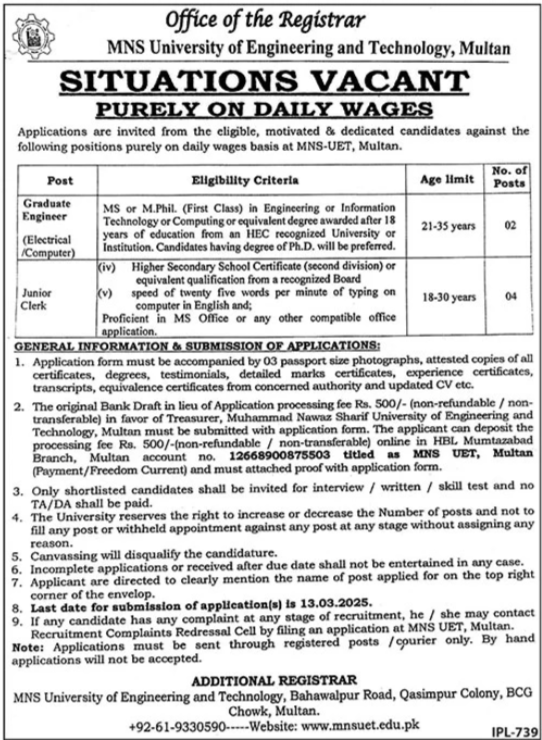 MNS University of Engineering & Technology Multan Jobs 2025