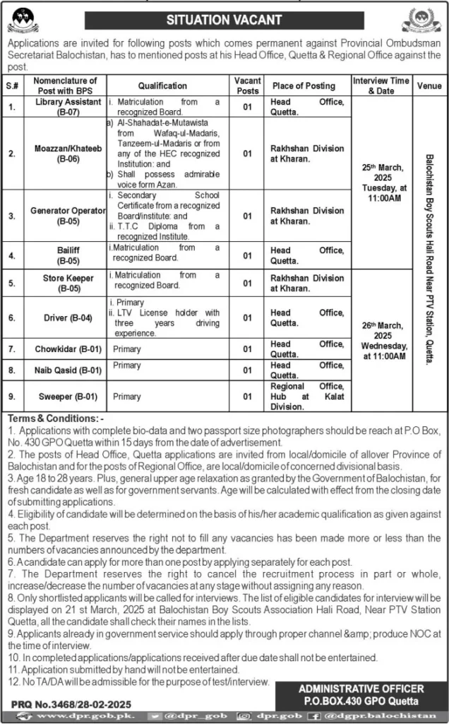 Job Opportunities at Provincial Ombudsman Secretariat Quetta 2025