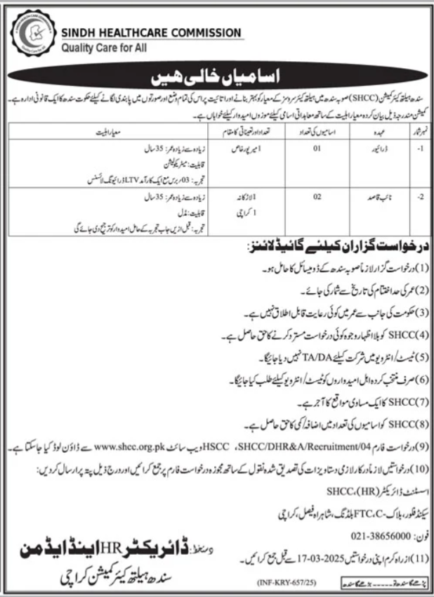 Latest Sindh Healthcare Commission (SHCC) Karachi Job Opportunities 2025