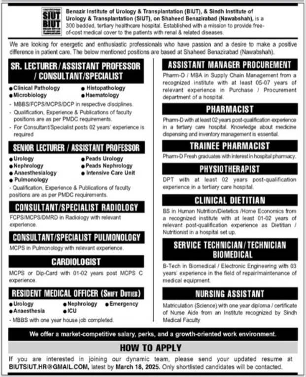 Latest Sindh Institute of Urology and Transplantation (SIUT) Job Opportunities