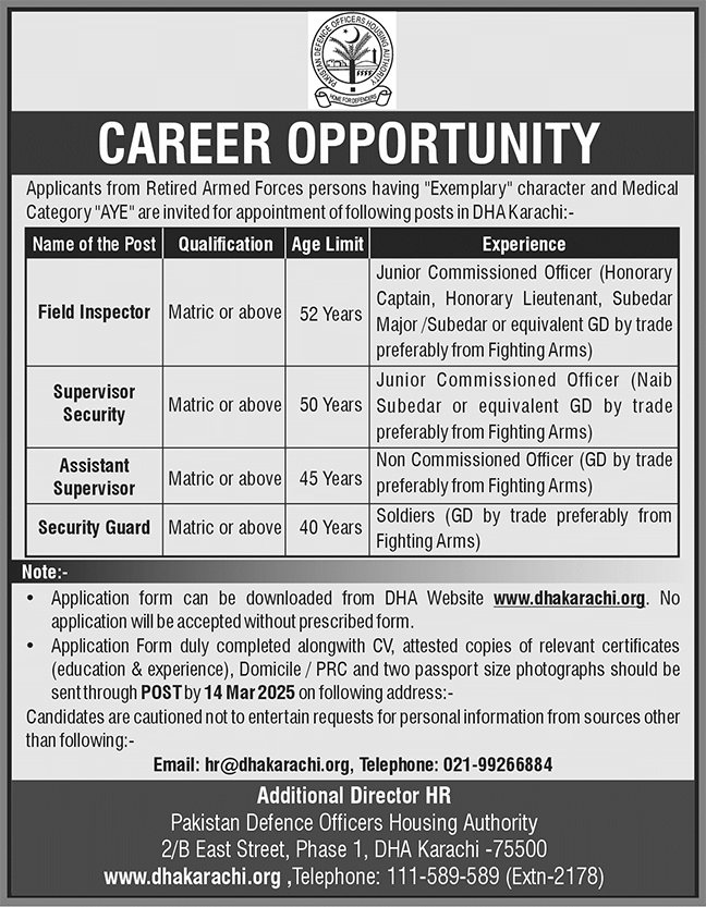 Latest Job at Pakistan Defence Officers Housing Authority (DHA) Karachi 2025