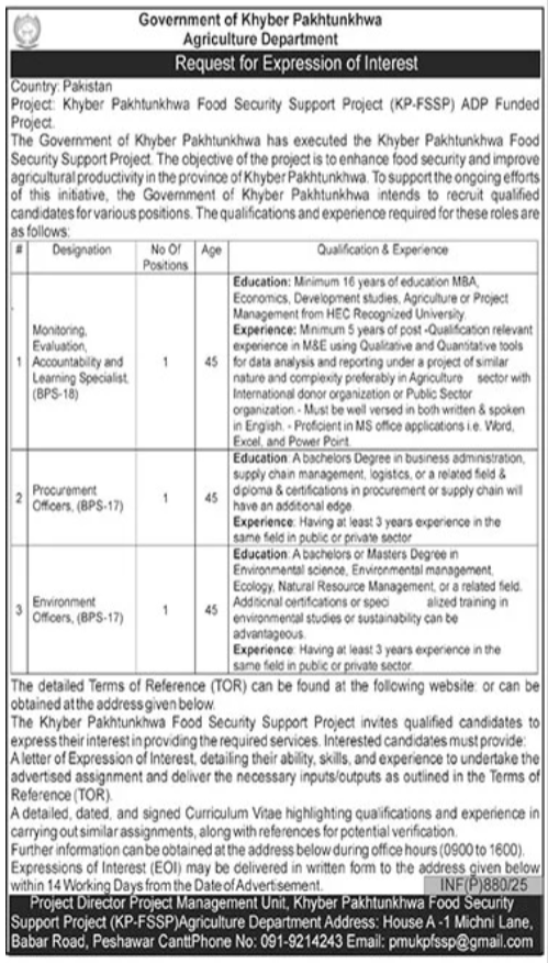 Latest Job Opportunities at Agriculture Department Peshawar Cantt 2025