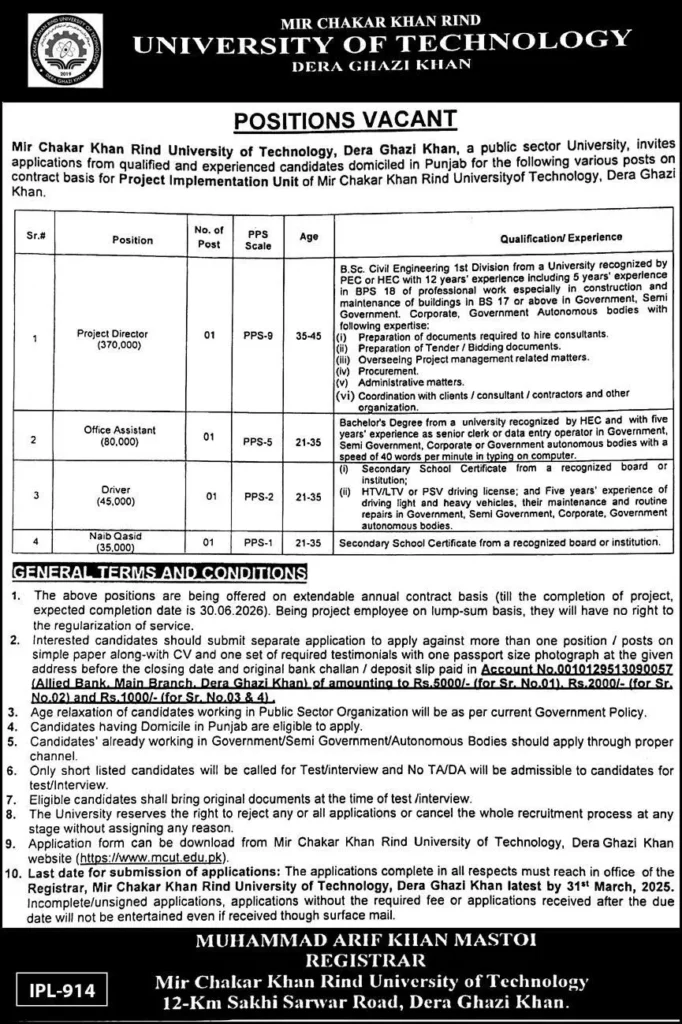 Job Opportunities at the University of Technology, Dera Ghazi Khan for 2025