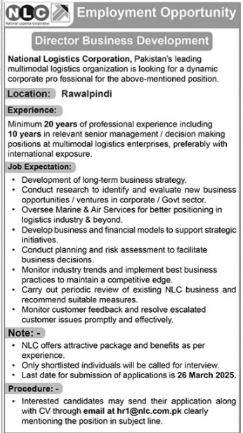 Latest Job Openings at National Logistics Corporation (NLC), Rawalpindi for 2025