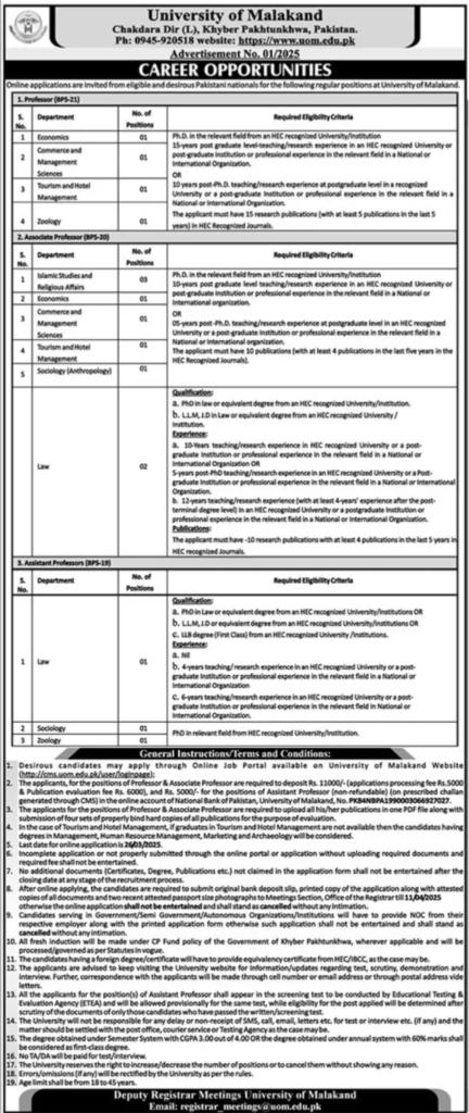 Job Opportunities at the University of Malakand for 2025