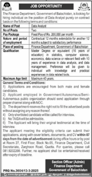 Job Opportunities in the Finance Department Quetta for 2025