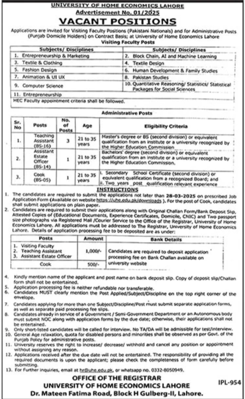 Job Opportunities at University of Home Economics Lahore 2025