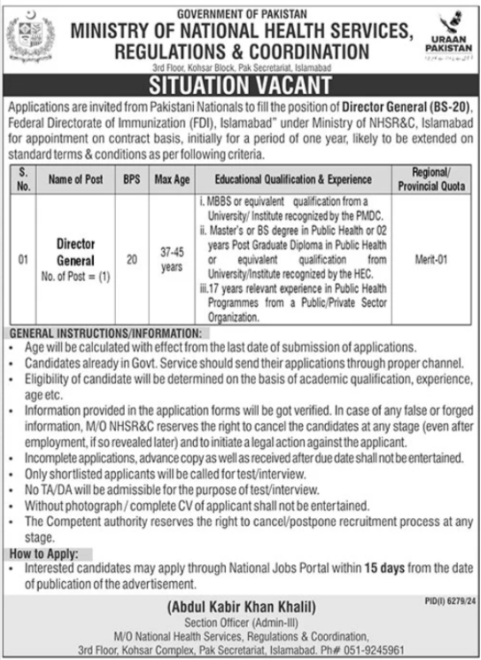 Latest Ministry Of National Health Services Islamabad Job 2025